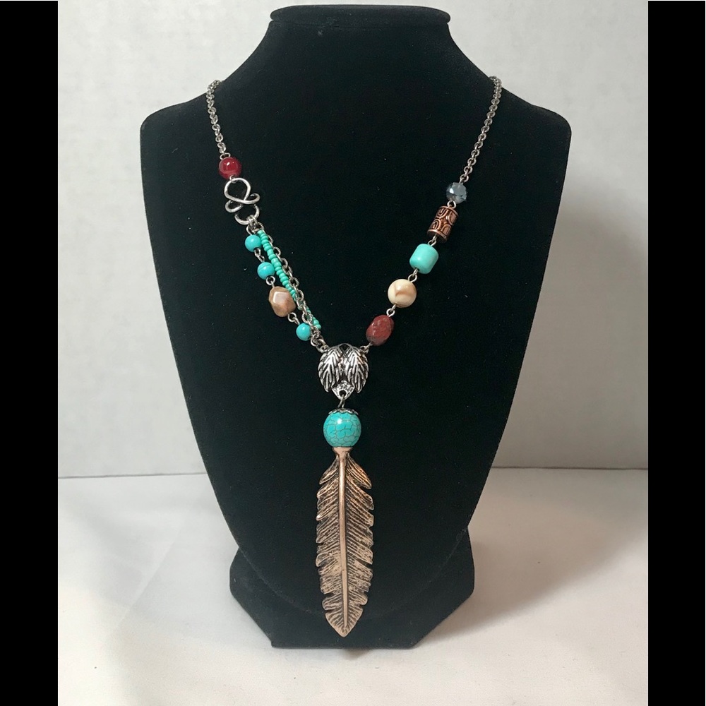 Silver Boho Beaded Turquoise Feather Necklace